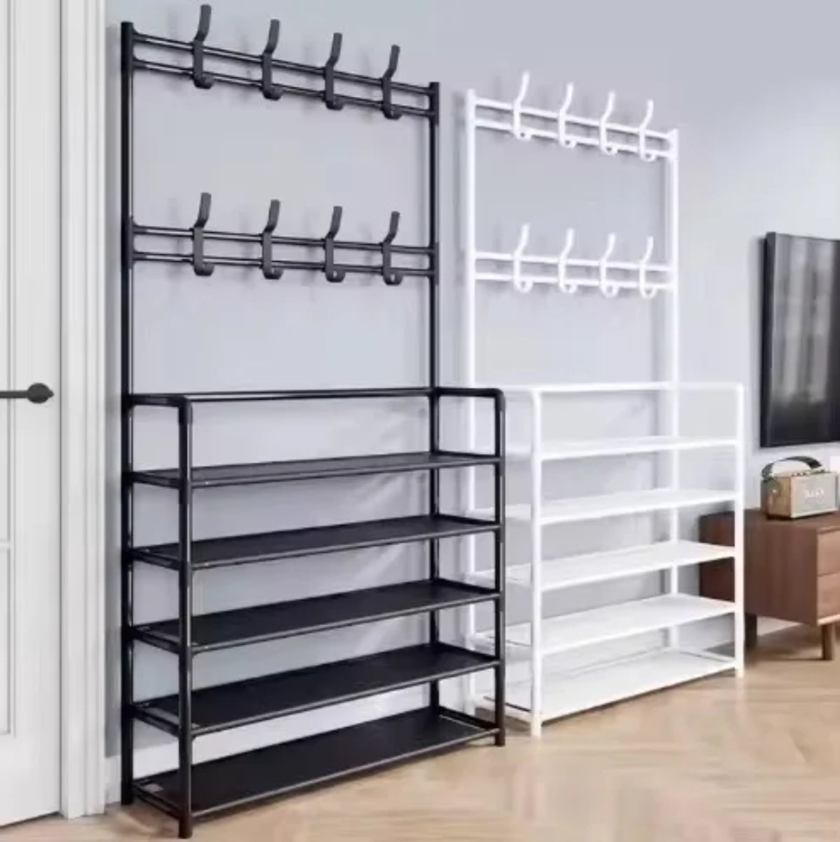 Metalen Garderoberek met Schoenenrek - 3-in-1 Kapstok met 5 Niveaus - Staand Kledingrek met Haken - Zwart – foto 2