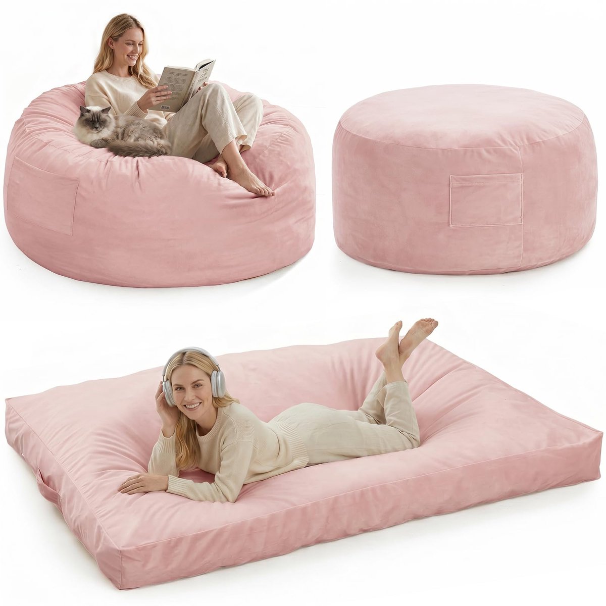 Fluweel Zitzak 2-in-1 - Beanbag Bed en Lounger - Fluweel Zacht - Afneembare Wasbare Hoes - Gamer Vloerbank voor Woonkamer, Slaapkamer - Roze