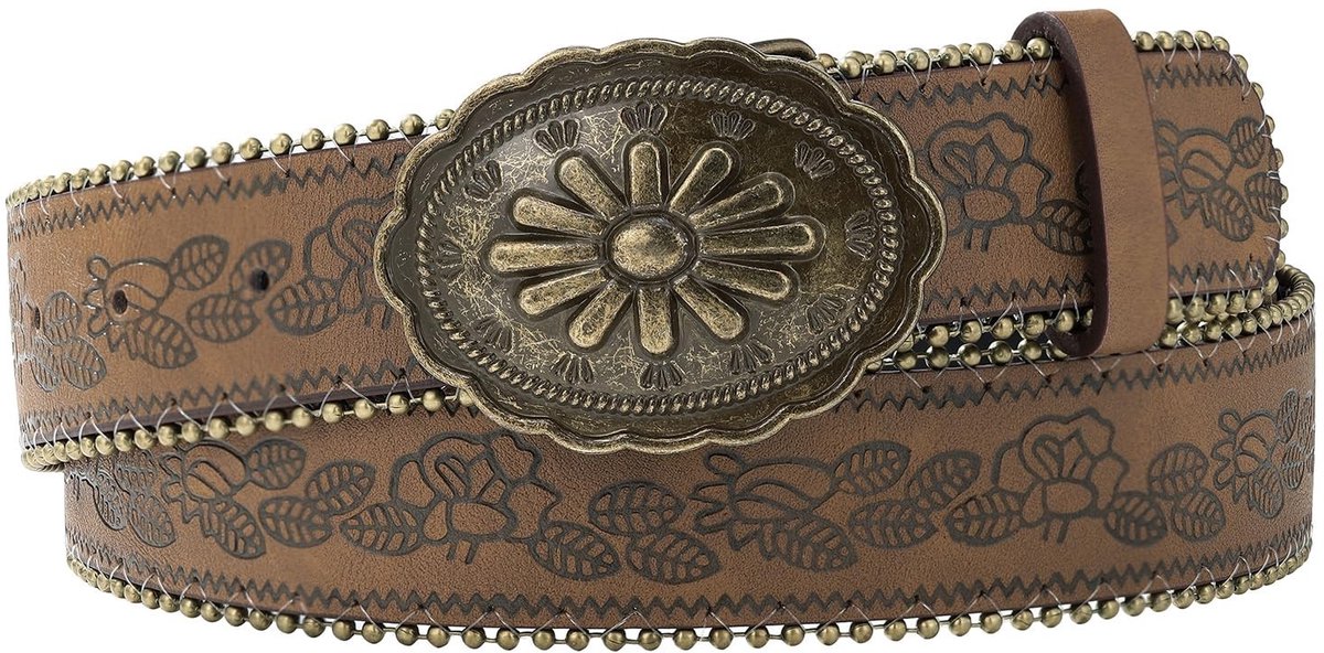 Dailygoods- Gesp Riem Vintage Western - Lederen Riem - Retrostijl - Verstelbaar - Bloemenpatroon - Damesriem met Gesp - Vrouwenriem