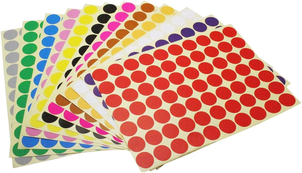 Dailygoods- Stippenstickers 16 vellen - Gekleurde Stickers - Cirkelvormige Stippenlabels - Codering Stickers - Voor Kantoor/School - Plaksticker zonder Resten