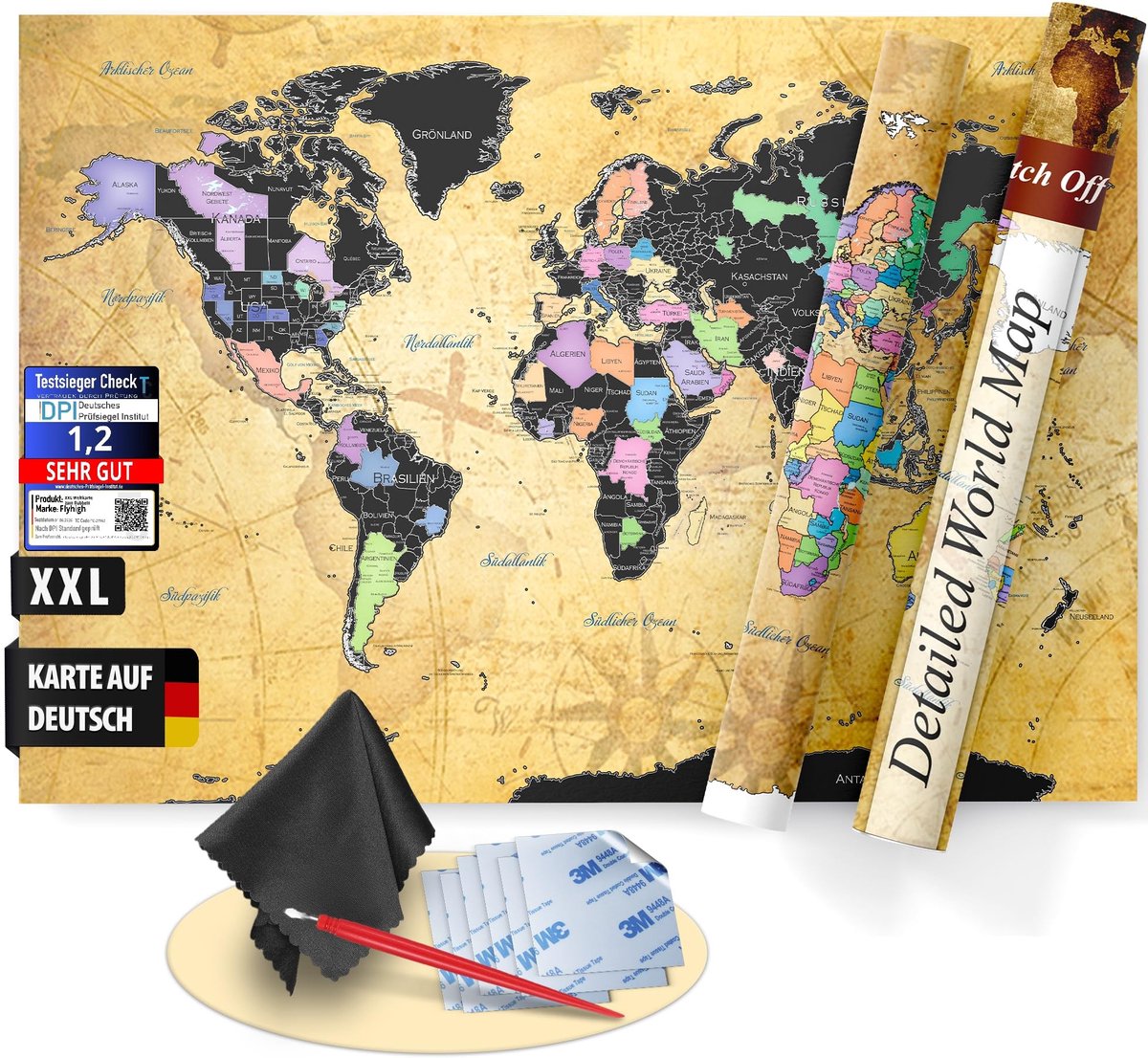 Dailygoods - XXL Kras Wereldkaart Poster in het Duits - Inclusief Sticker en Kraspen