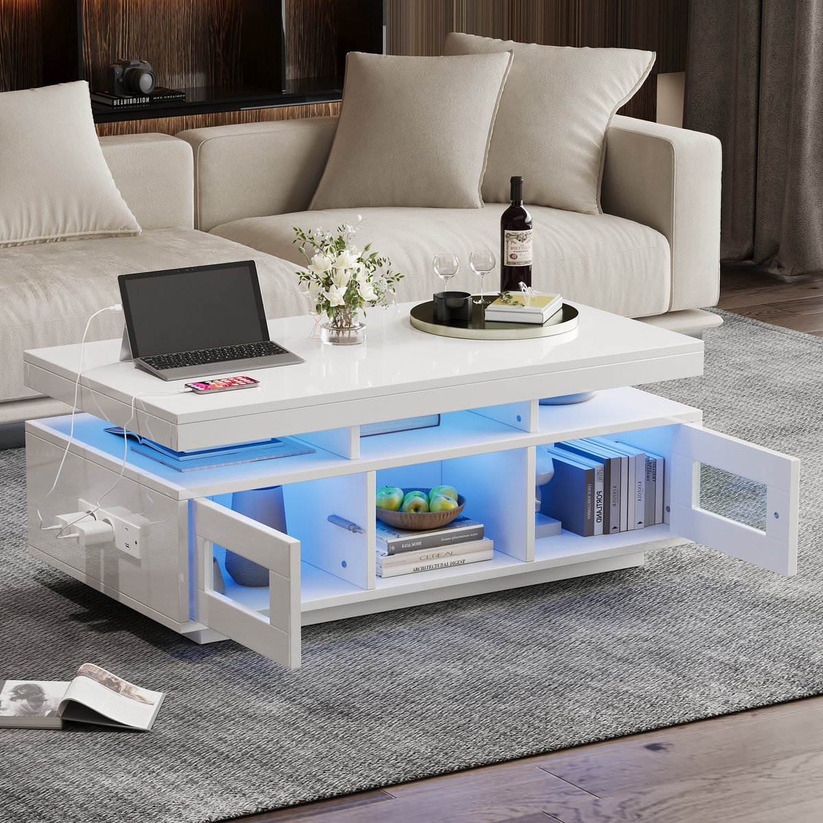 DESMIU Salontafel - Glanzend Design Met LED Verlichting En Oplaadpunt - Voor Woonkamer, Bureau En Slaapkamer - Spaanplaat - Wit - 100x50x43 Cm