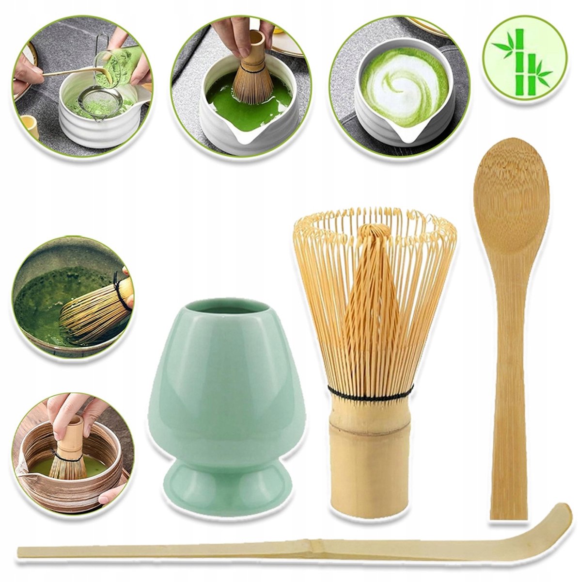 Matcha Theeset - Bamboe Garde En Keramische Houder - Handgemaakt En Duurzaam - Authentieke Japanse Theeceremonieset - Blauw En Hout