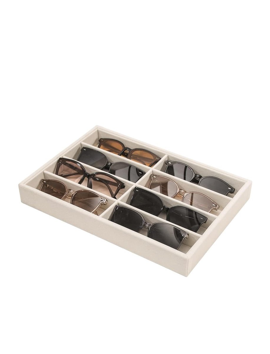 Dailygoods- Zonnebril Organizer - 8 Vakken - Beige Fluweel - Opbergdoos - Sieradenorganizer - Multifunctioneel - 35 x 24 x 4,2 cm - Brillenopberger