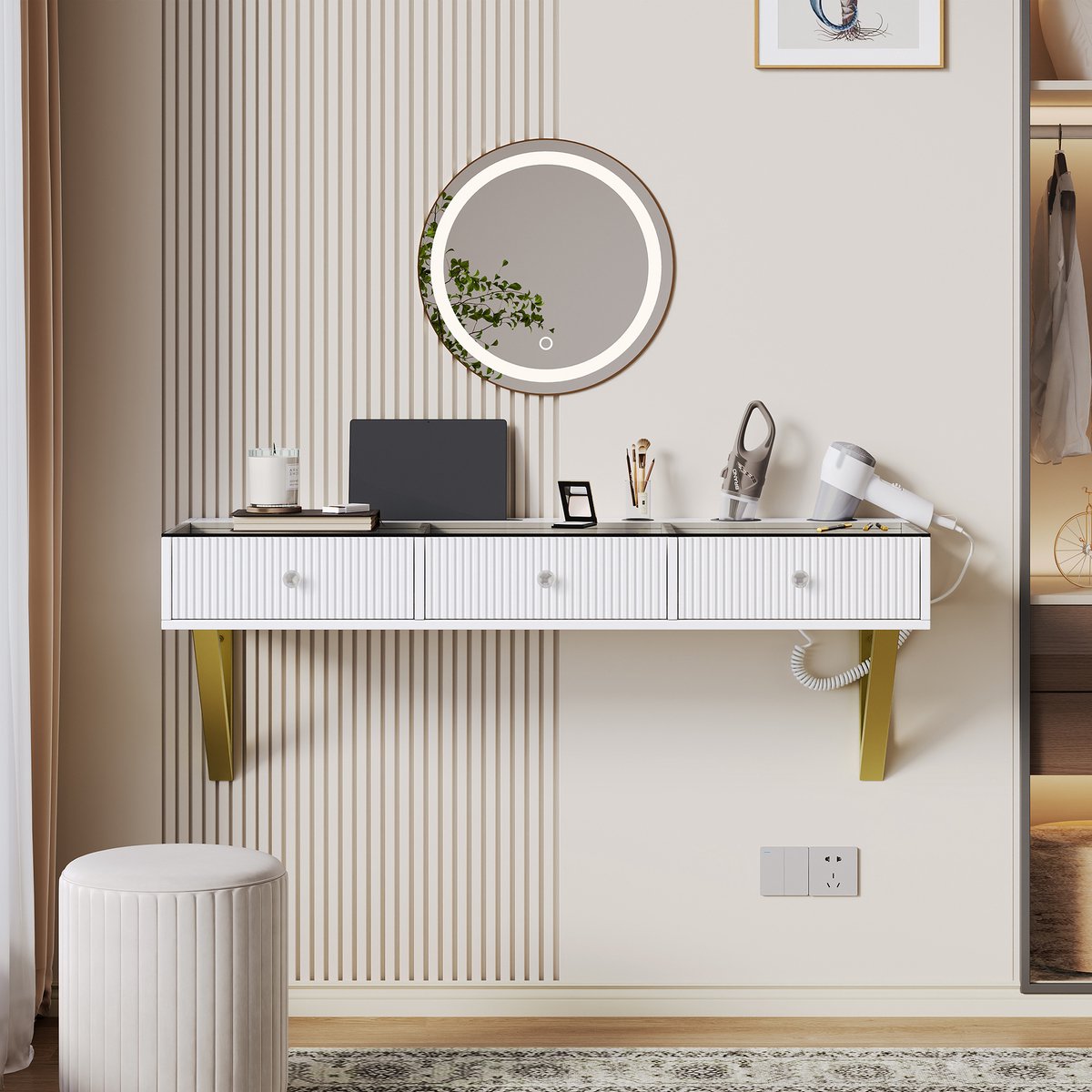 DESMIU Wandkaptafel - Drie Laden En Glazen Blad - Voor Slaapkamer En Make Up Hoek - Wit MDF En Spaanplaat - 120x40x45 Cm