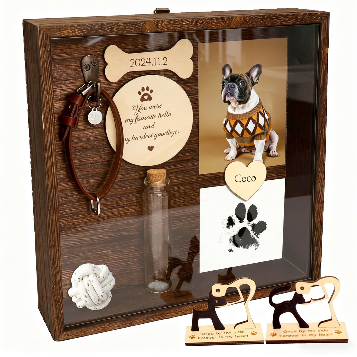 Dailygoods- Schaduwbox 21,8 cm - Herdenkingscadeau - Halsbandhouder - Fotolijst - Pootafdrukset - Houten hondensculptuur - Condoleancecadeau - Herinneringsdoos