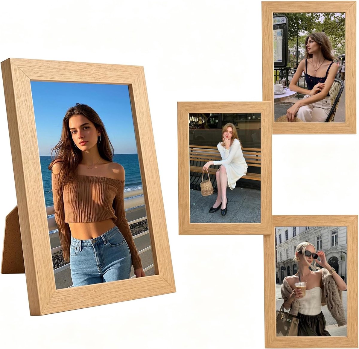 SnelShoppen - Houten fotolijst set van 6 stuks 10x15 cm eikenlook met acrylglas, staand en liggend formaat, voor wandmontage of tafelstand, ideaal voo