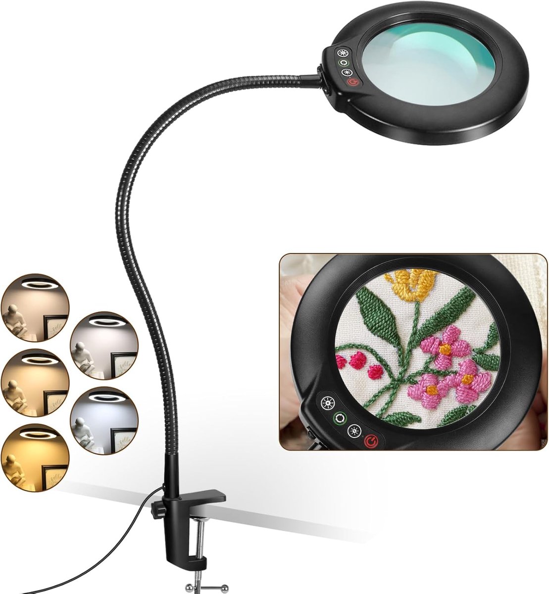 SnelShoppen - Veemagni 12x Vergrootglas met Licht en Klem, Flexibele Zwanenhals, Dimbare LED Loeplamp, Echt Glas, Tafelloep voor Lezen, Schilderen, Na