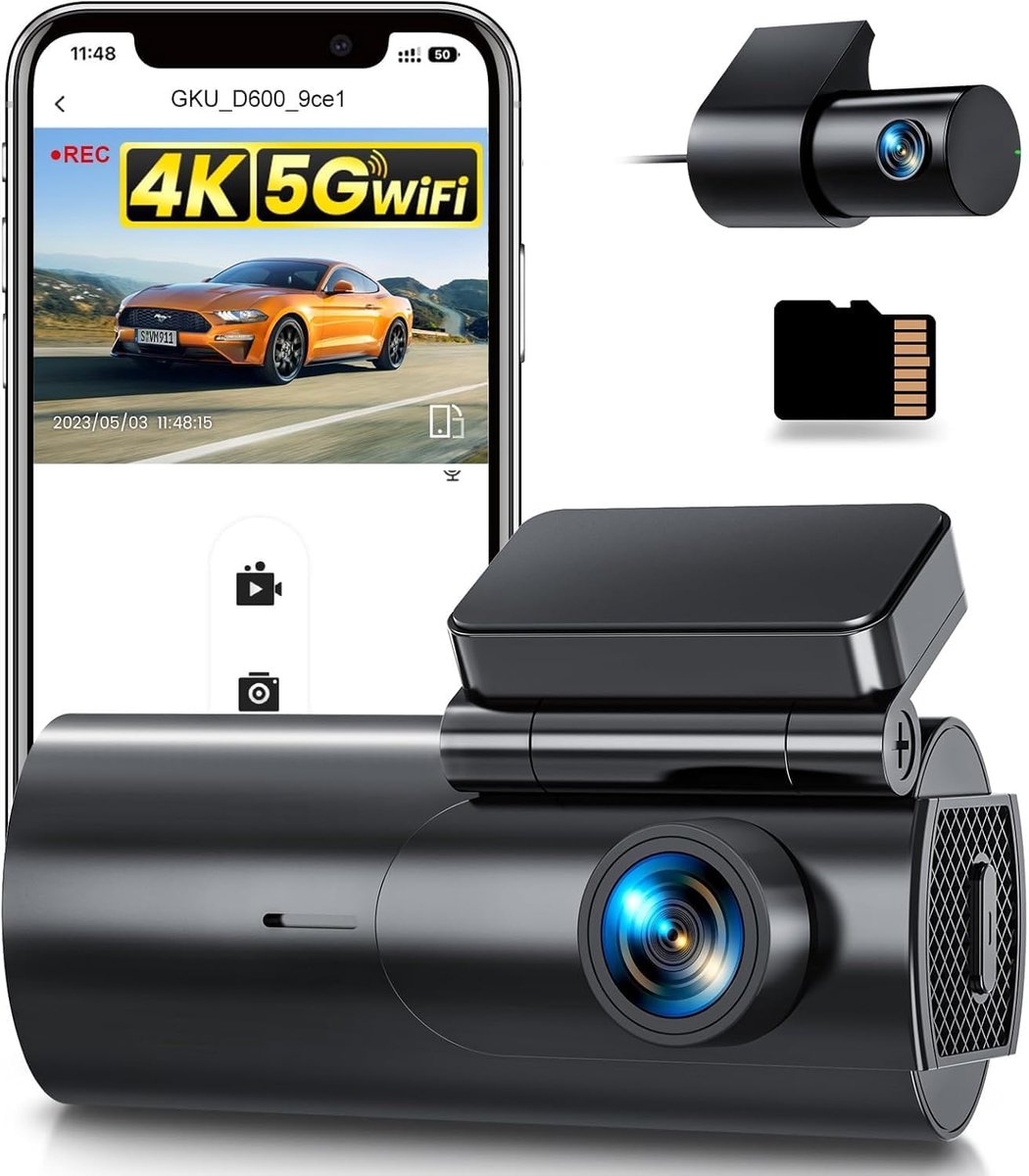 GKU D600 4K Dashcam Voor en Achter, WiFi Dashcam Auto met 64GB SD-Kaart, Dual Auto Camera met Parking Monitor, Nachtzicht, WDR, 170° Brede Hoek, G-Sensor, Loopopname, APP-besturing, Max 256GB