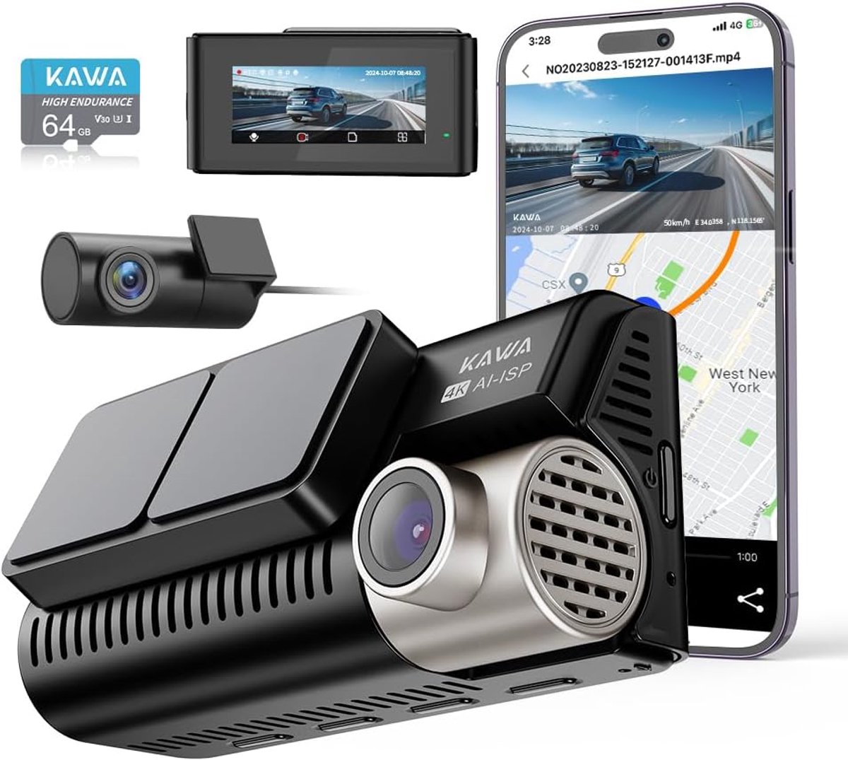 SnelShoppen - Dashcam 4K voor en achter met Nachtzicht, GPS, G-sensor, 64G Micro SD, 3.16 IPS-scherm, AI Bewegingsherkenning, WDR, 1080P, Auto, Veilig