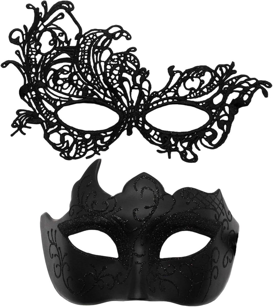 SnelShoppen - 2 Stuks Venetiaans Masker voor Koppels - Zwart Kanten en Goud Geschilderd Masker - Elastisch en Aanpasbaar - Perfect voor Halloween, Fee