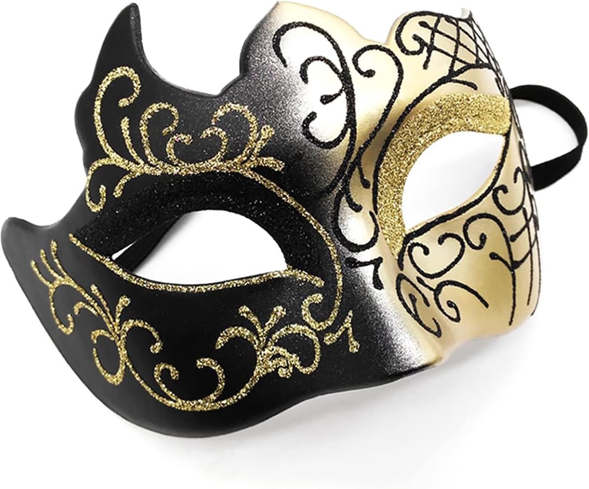 SnelShoppen - Venetiaans Masker voor Heren - Paasmasker, Halloween, Carnaval, Schoolbal, Clubkostuum - Zwart/Goud, 17x11 cm, Glitterdesign