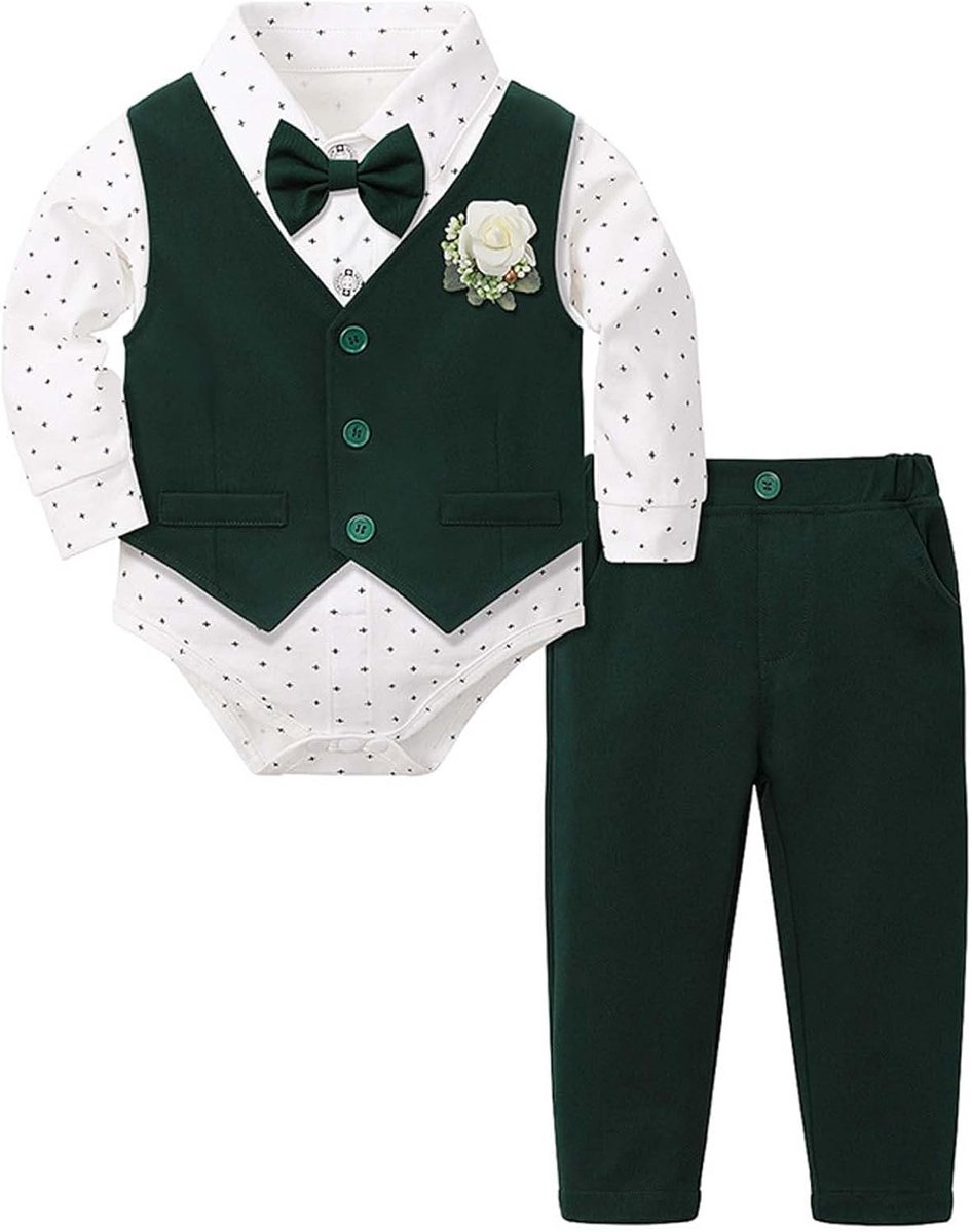 SnelShoppen - Baby Jongens Kleding Set - Gentleman Outfits voor Peuters - Formele Kleding Hemd + Vest + Broek - Babysets 0-3 Maanden - Groen