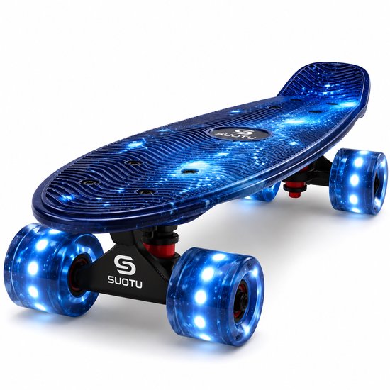 Donkerblauw skateboard met sterrenhemelprint en blauwe LED-wielen.
