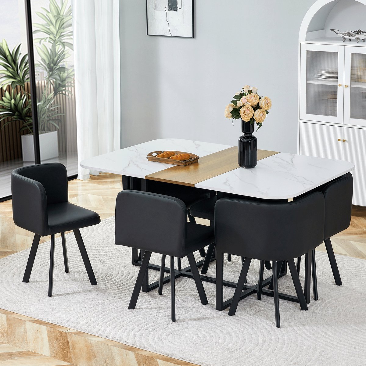 OKWISH Set Tafel En Stoelen - Uitschuifbare Eettafel Met 6 Stoelen - Voor Keuken En Woonkamer - MDF En Metaal - Wit Zwart - 150x100x79 cm