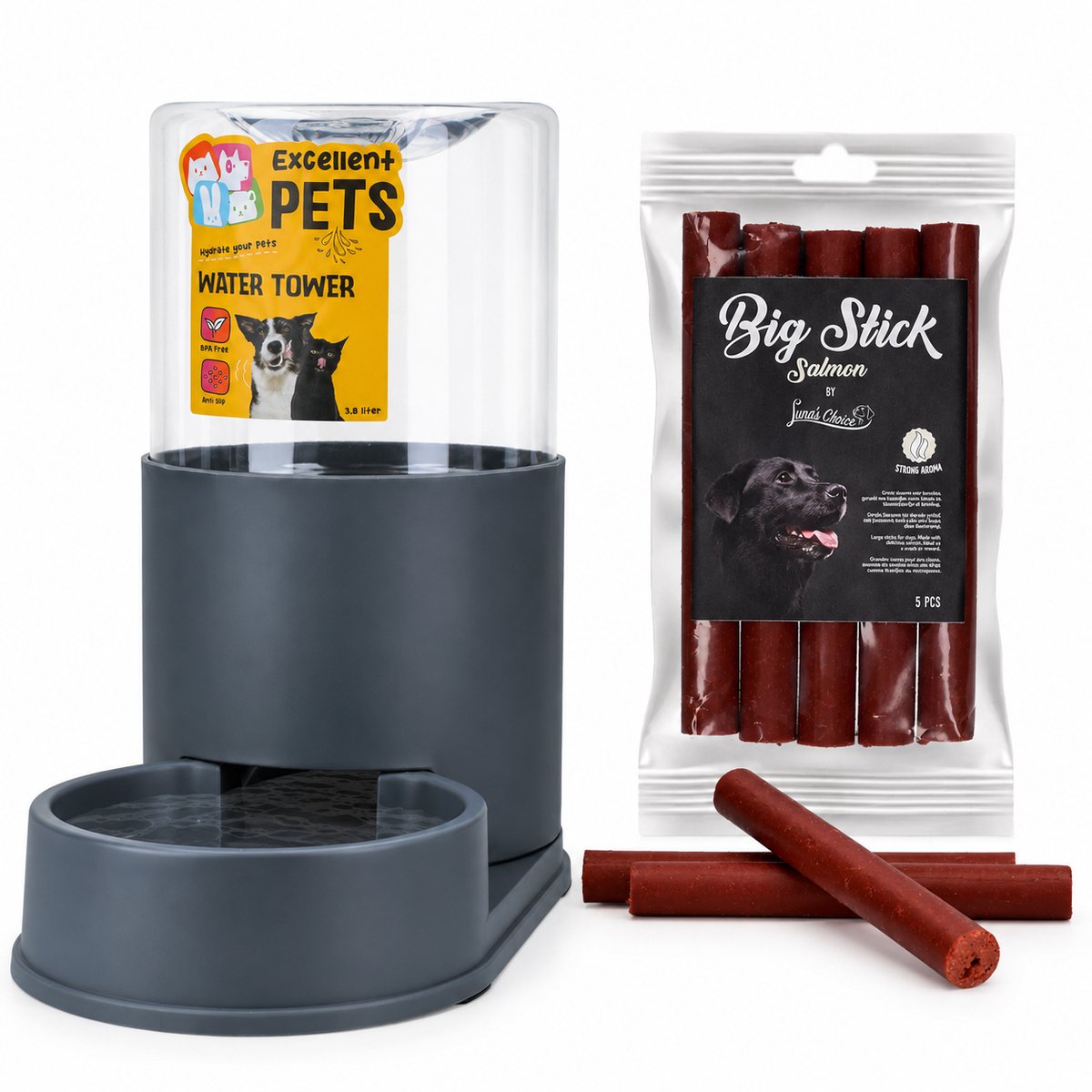 Excellent Pets Water Tower 3,8 liter met Luna's Stick 5 stuks Zalm.