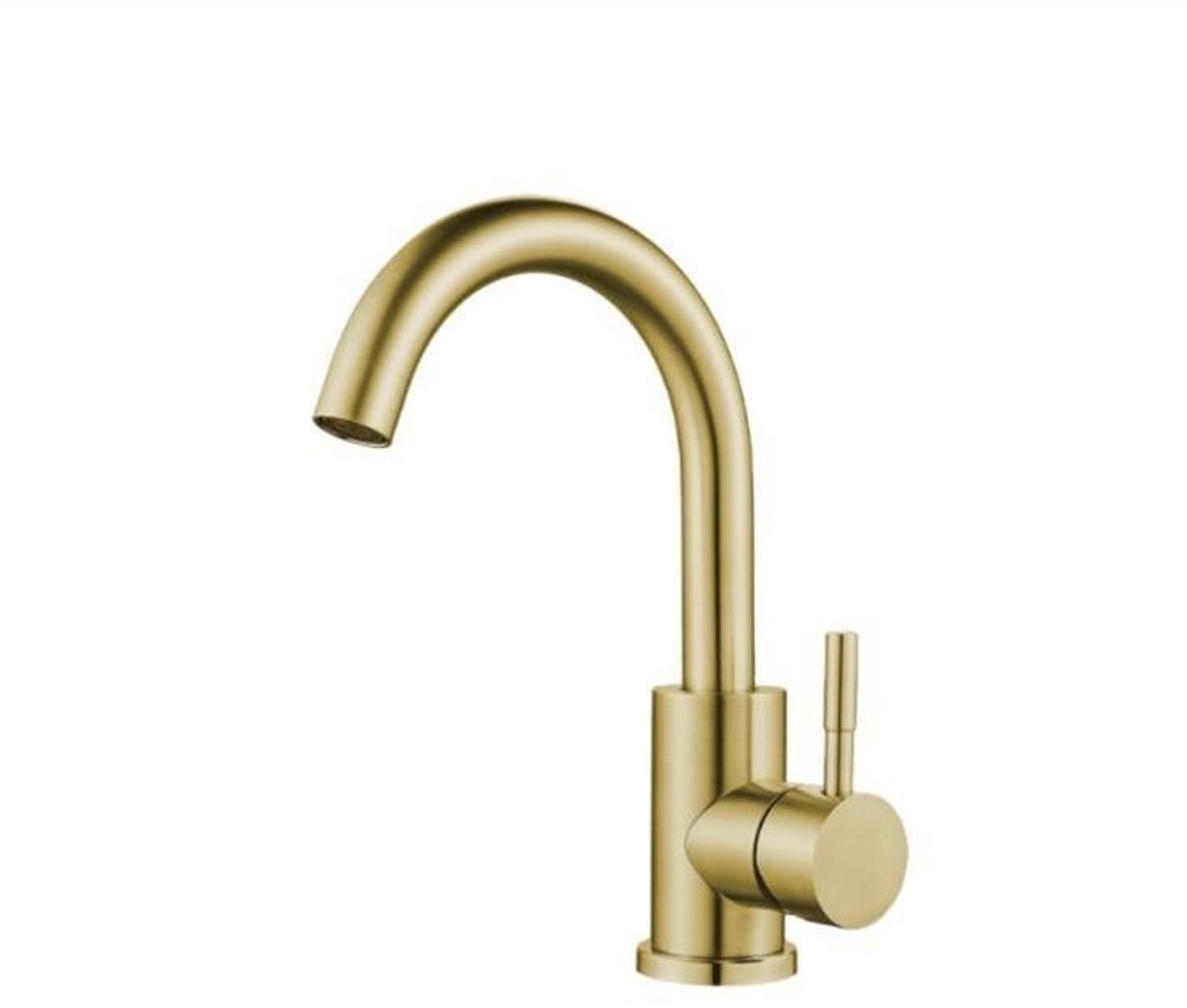 ZIMMER Wastafelkraan AXIA Goud – Gebogen Uitloop – Koud & Warm Water – Massief Messing – Keramisch Binnenwerk
