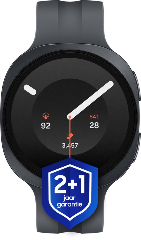 Montre connectée Samsung Galaxy Watch9 noire avec bracelet gris foncé et un autocollant '2+1 jaar garantie' sur l'écran.