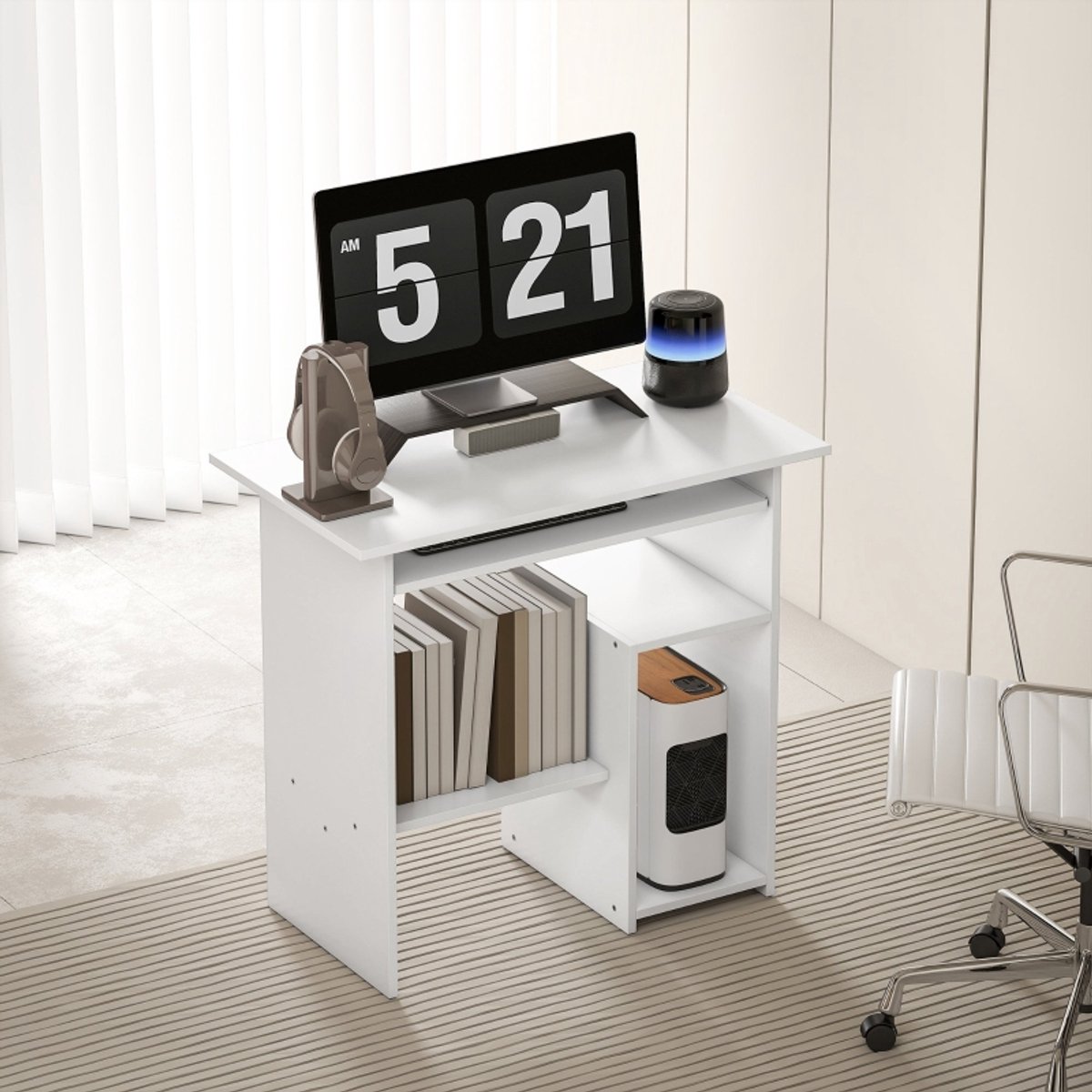 OKWISH Bureau - Computertafel Met Toetsenbordlade En Opbergvakken - 80 x 45 x 75 cm - Ruimtebesparend - Spaanplaat Wit