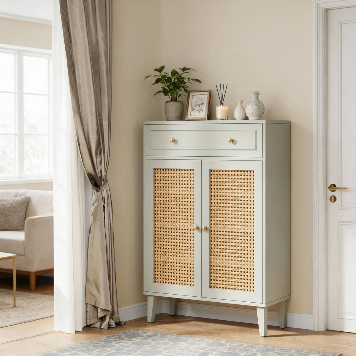 Wishdor - Schoenenkast - Verstelbare planken en lade - Dubbele deuren - Modern - Voor hal en entree - Houtlook - Mintgroen - 80 x 40 x 111 cm