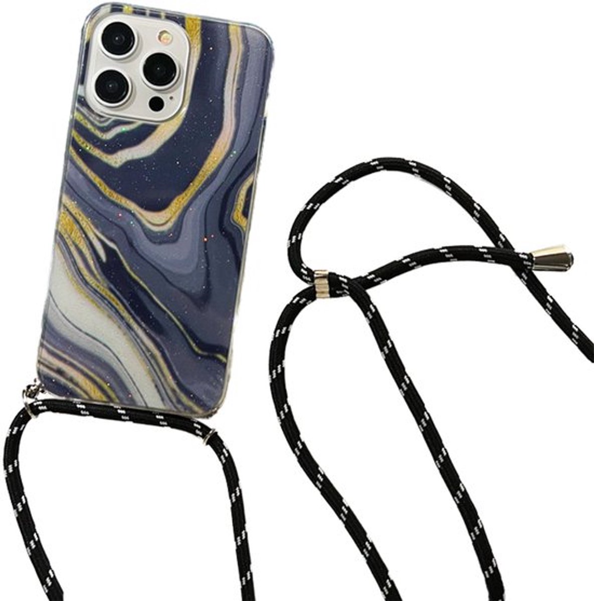 Marmer Look Telefoonhoesje met Schouderkoord – Geschikt voor Samsung Galaxy S24 Ultra – Luxe & Stijlvolle Bescherming - Zwart