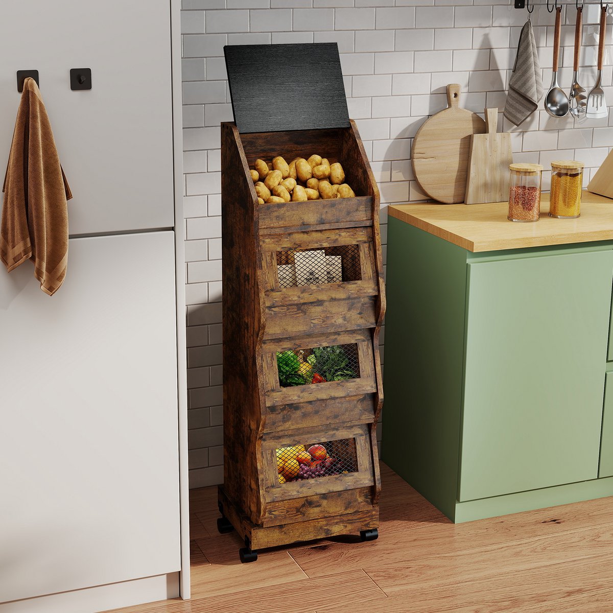 Puluomis - Aardappelen Kabinet - Verplaatsbaar met wielen - 4 verdiepingen - Met deksel - Keuken Opbergkasten - 39x35x125cm - Rustiek donkerbruin