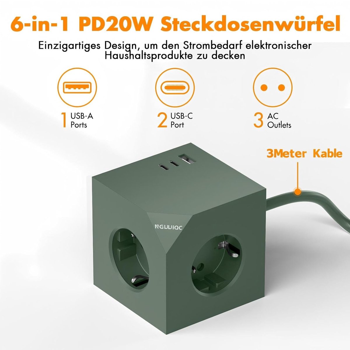 SnelShoppen - 6-in-1 USB-C Stekkerdoos met 2 USB-C Poorten, 3 Meter Kabel, Geschikt voor Thuis en Kantoor, Groene Magneet Pad