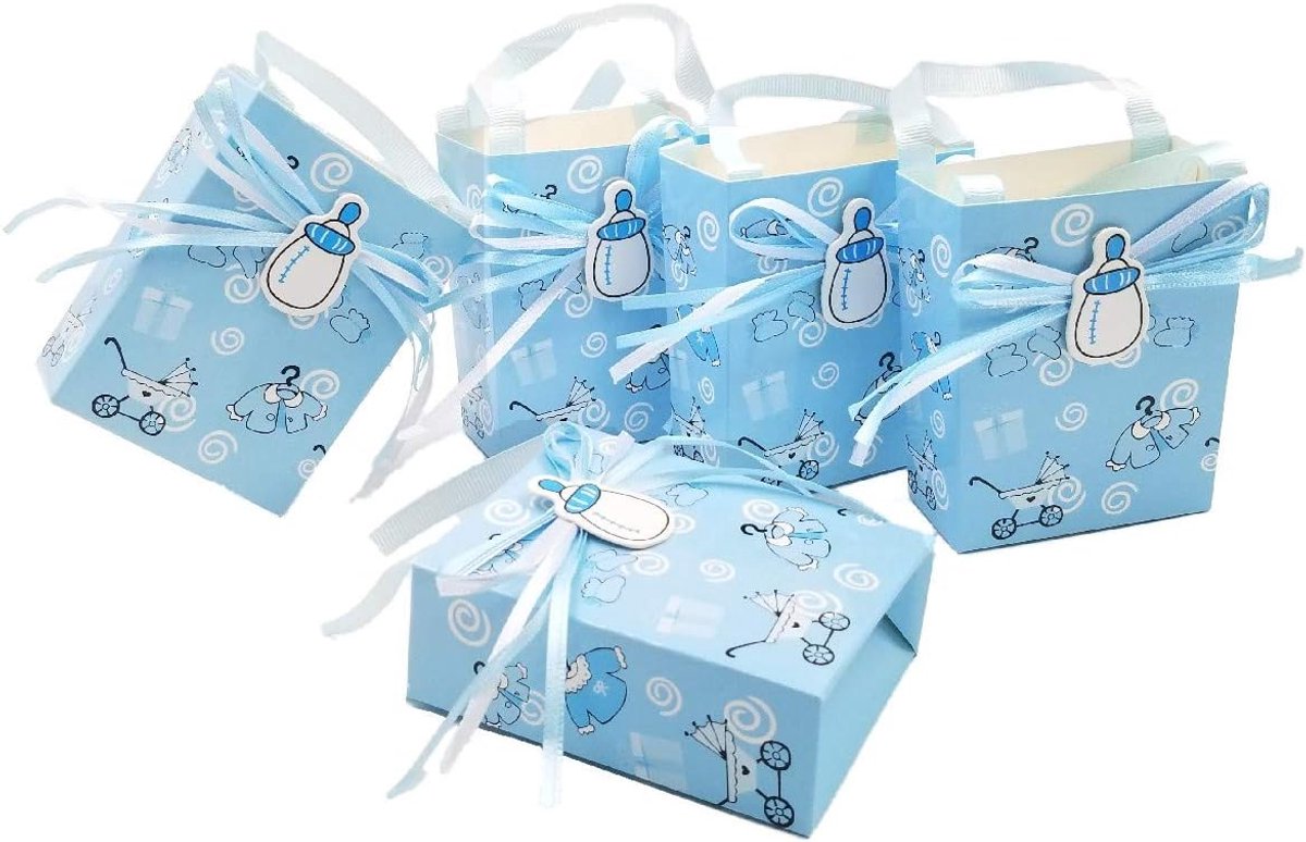 SnelShoppen - 24 Stuks Blauwe Babyfles Patroon Gast Geschenkdozen voor Jongens, Babyshower, Verjaardag, Doop, Kinderfeestje, Duurzaam Karton