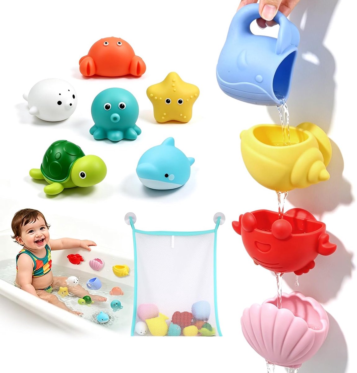 SnelShoppen - Baby Badespielzeug, 11 Stuks Badewannenspielzeug Baby Silikon, Schimmelfriede Badewannenspeelgoed, Veilig Wasserspeelgoed voor Kinderen,