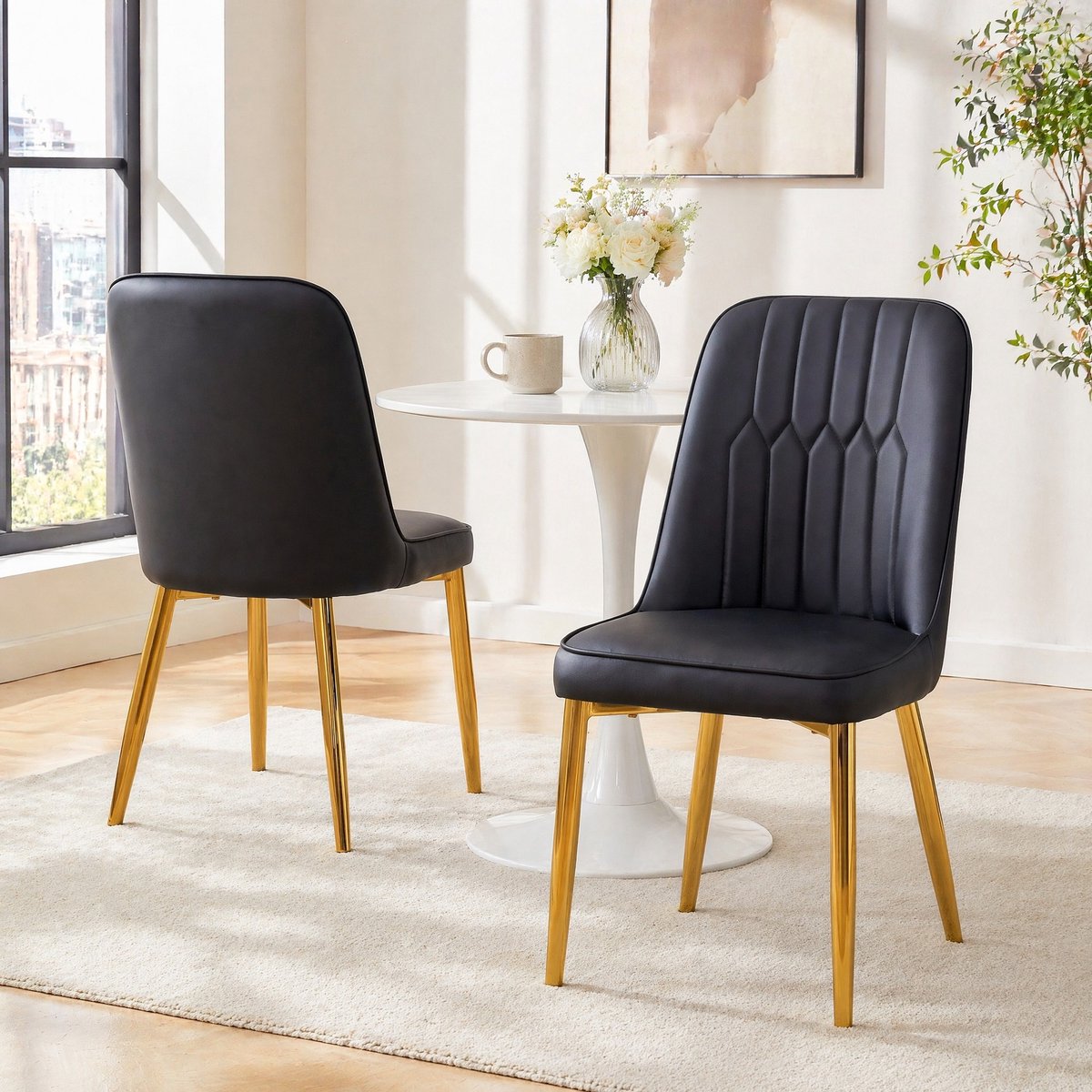 COVREO Eetkamerstoel set van 2 89 cm - kunstleer, gouden metalen poten, zwart