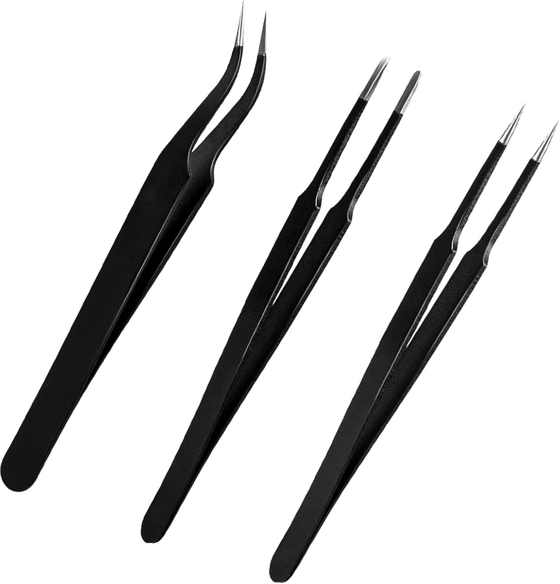 SnelShoppen - 3-delige Precisie Pincet Set - Antistatische RVS Pincetten met Rechte en Gebogen Punt - Multifuntionele Pincetten voor Sieraden, Knutsel