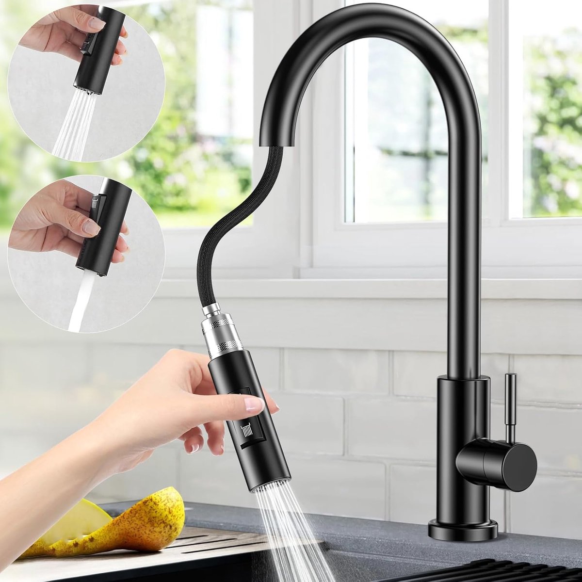 SnelShoppen - Hoge Kwaliteit Keukenkraan Zwart, 360° Draaibare Keukenkraan met Verlengbare Sprayer, Hoogdruk Keuken Faucet in Roestvrijstaal voor Warm