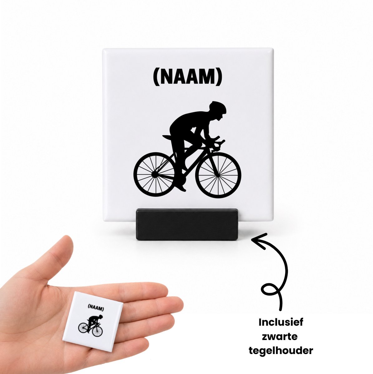 Hacebo wielrenner met je eigen naam tegeltje met tegelhouder - Wielrennen - sport liefhebbers - tegeltjes met tekst - mensen die houden van wielrennen - verjaardagscadeau - verjaardag - cadeau - kado - geschenk - gift - spreuktegels - 4.8x4.8 CM Wit