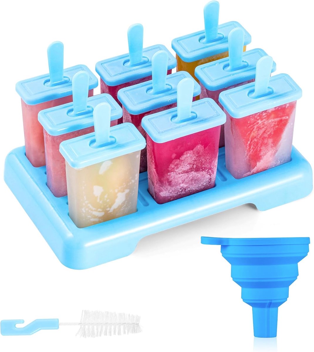 SnelShoppen - 9 Herbruikbare Popsicle Mallen voor Lollies, BPA-vrij, Inclusief Schoonmaakborstel en Siliconen Vouwtrechter - Ideaal voor Zomerfeestjes