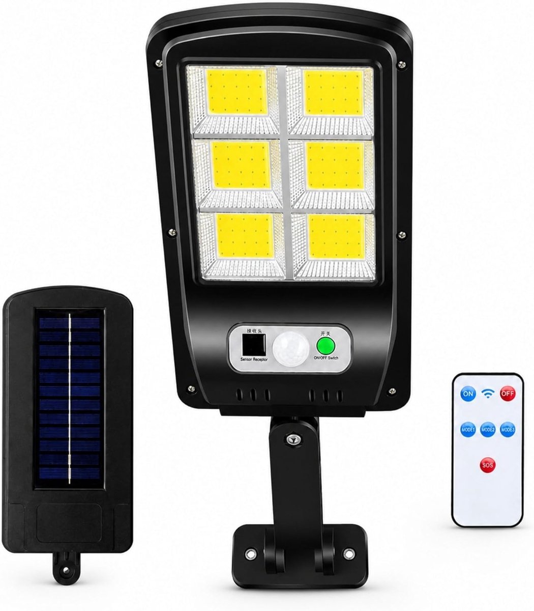 SnelShoppen - Solar Buitenlamp 120 LED met PIR Bewegingssensor, Solar Lamp IP65 Waterdicht met Afstandsbediening, 3 Modus, Verstelbare Beugel voor Tui