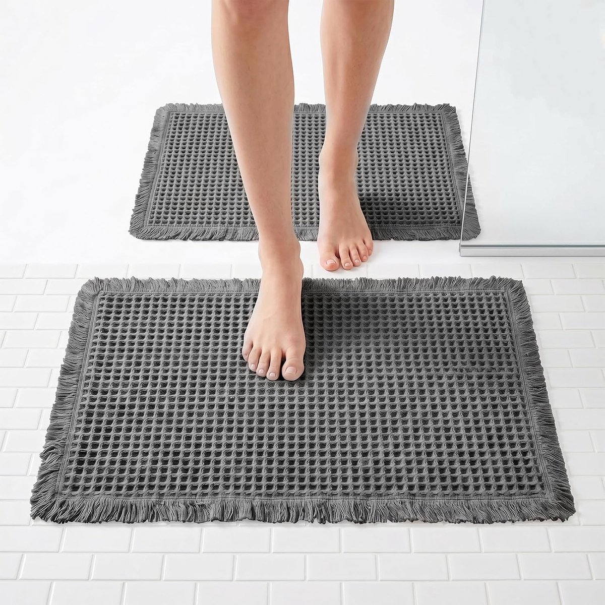 SnelShoppen - Badkamermattenset 2-delig, Wasbaar Antislip Boho Design, Wafelstructuur met Massageeffect, 46 x 77 cm + 43 x 61 cm, Donkergrijs voor Bad