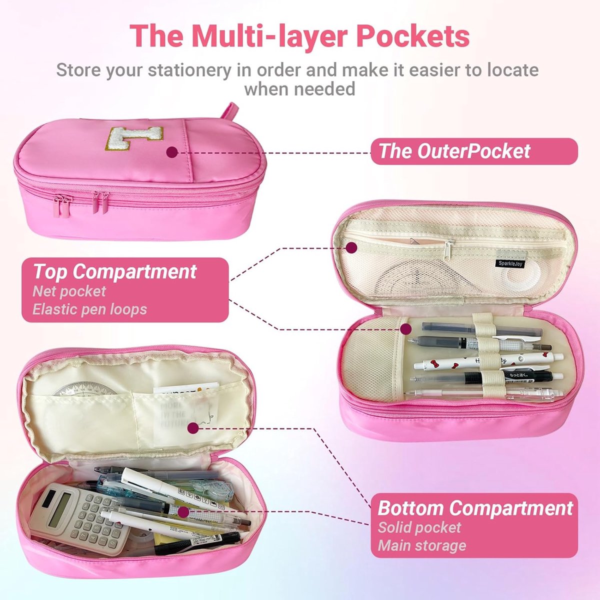 SnelShoppen - Aesthetic Pen Case met Letters, Dubbel Laags, 2 Compartimenten, Gouden Chenille Initialen, Grote Capaciteit, Geschikt voor Meisjes en Ti