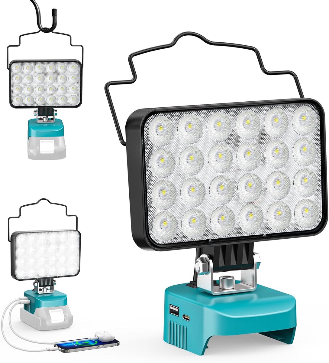 SnelShoppen - LED Bouwlamp 78W 7800 Lumen Draadloos, Geschikt voor Makita 18V Accu, Oplaadbare Portable Werkverlichting met USB-A en Type-C, Ideaal vo