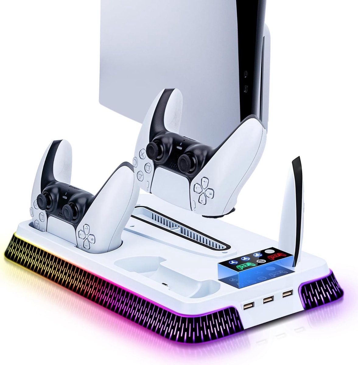 SnelShoppen - PS5/PS5 Slim/PS5 Pro Ventilator Koelstation, Verticale Oplaadstandaard met Dubbele Controller Oplader, LED Verlichting en 3 USB Hubs