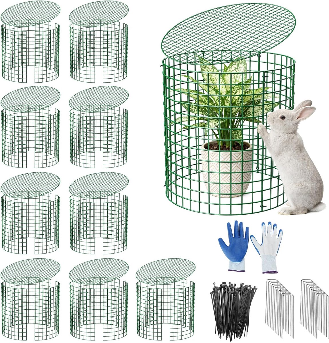 SnelShoppen - Set van 10 Plantenbeschermingsroosters met Deksel, 33 cm Hoog Groen Metaal, Duurzame Plantenbeschermingskooien met Handschoenen, Kabelbi