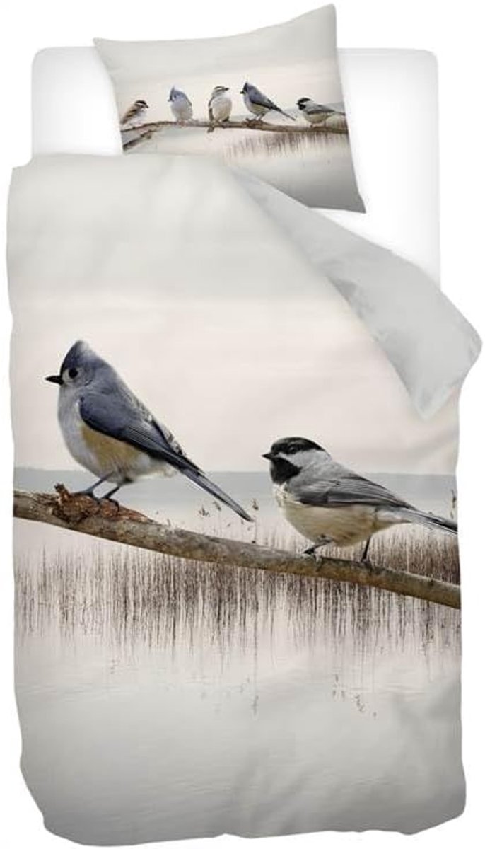 SnelShoppen - Dekbedovertrek Eenpersoons 140x200/220 cm - Katoen-satijn - Wit - Inclusief 1 Kussensloop 60x70 cm - Natuurprint met Vogels en Water