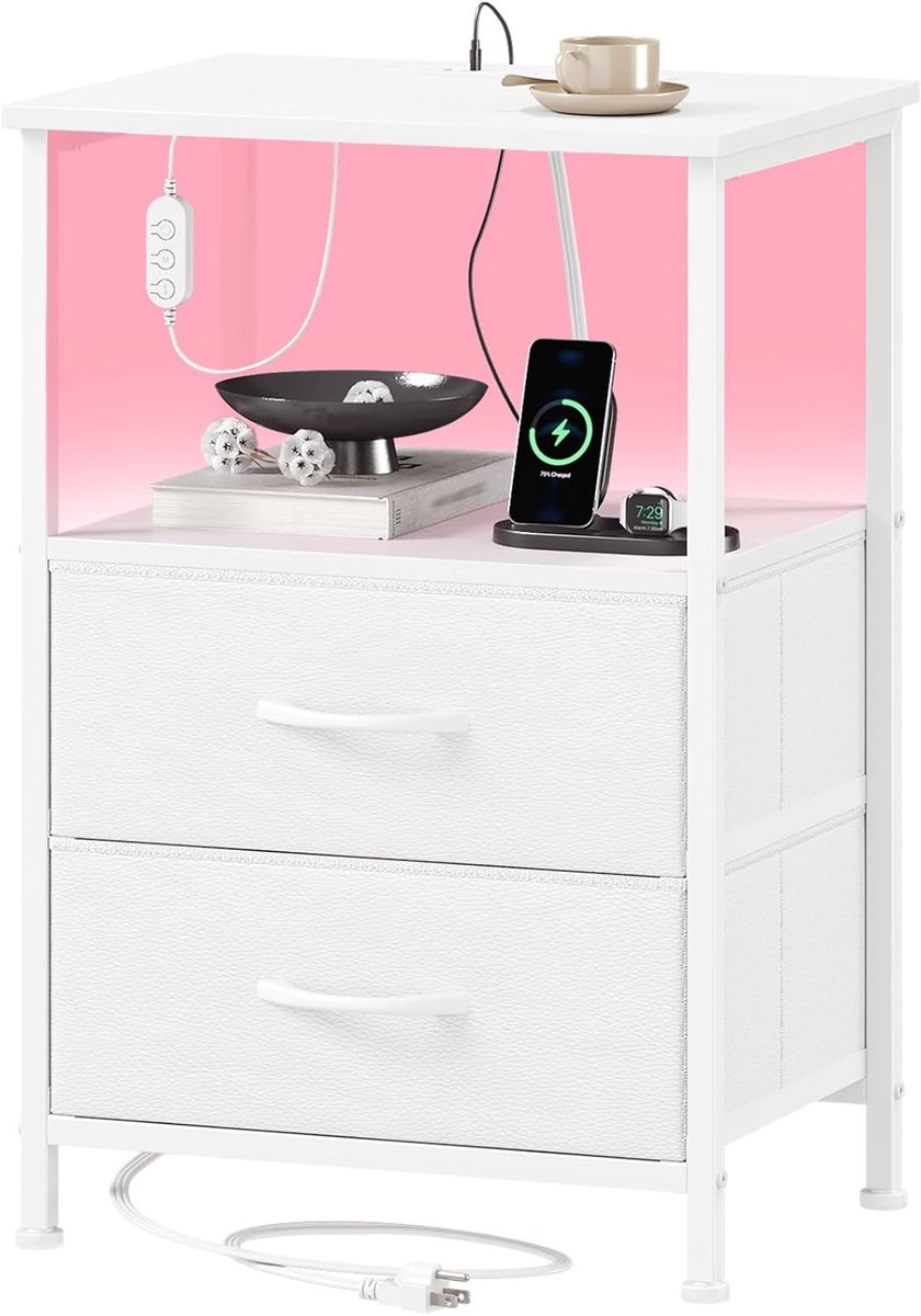 SnelShoppen - Bedside Table met 2 Lades, 2 AC Stopcontacten, USB & Type C, Wit, 30D x 40B x 60H, Multifunctionele Nachtkastje voor Slaapkamer & Woonka