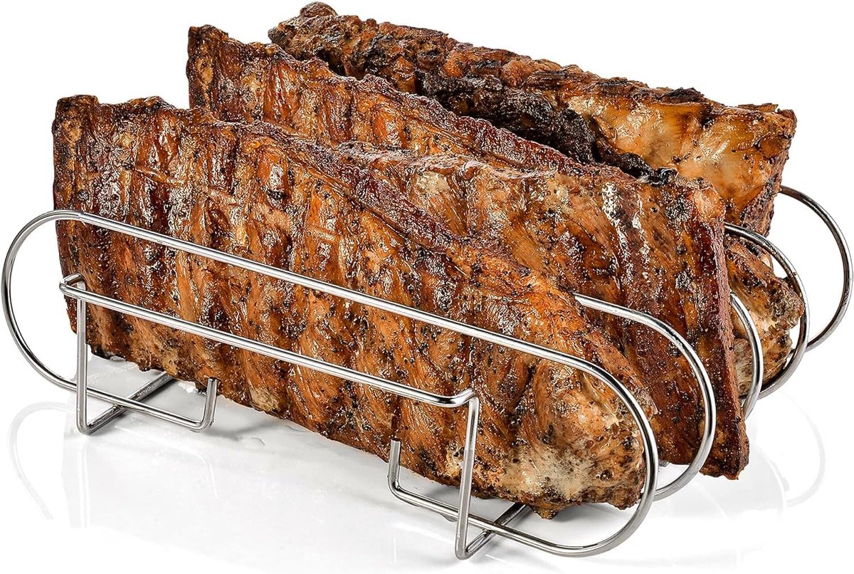 SnelShoppen - Spareribs Houder Grill, Ribhouder voor Spare Ribs, BBQ Grill Accessoires, Ribs Houder, Roestvrij Staal, 31.5x26x7.3cm, Silver, Perfect v