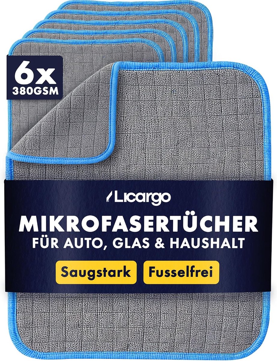 SnelShoppen - Microvezeldoeken auto set van 6 - pluisvrij, absorberend, lakvriendelijk, 380 g/m², 40 x 40 cm voor reinigen, polijsten en drogen van la