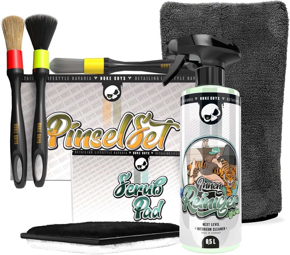 SnelShoppen - Car Interior Cleaning Kit 500ml - Interieur Cleaner, 3 x Schoonmaakborstels, Detailhandschoen, Schuurpad - Auto Care Set voor Interieur