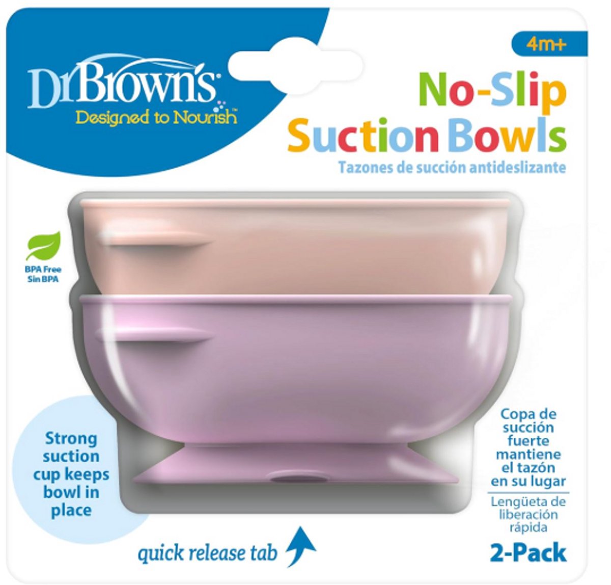 Dr. Brown's No-Slip Zuignap Kommen 2 Stuks (Lilac & Pink) – Baby & Peuter Voerbakjes met Sterke Zuignap – BPA-vrij – Vanaf 4 Maanden