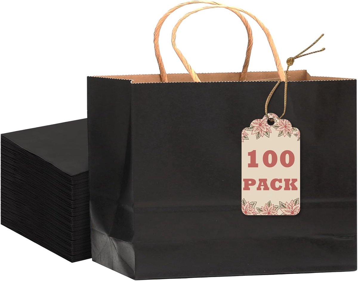 SnelShoppen - 100 Zwarte Papieren Giftbags met Handvatten - 32x11x25.5cm - Stevige Feestverpakkingen voor Cadeaus, Verjaardagen, Feesten en meer