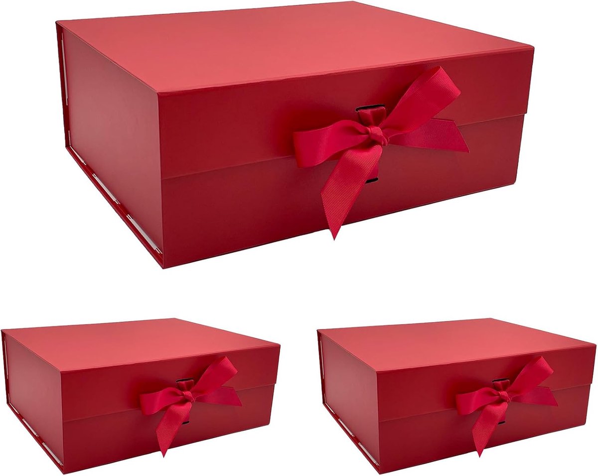 SnelShoppen - 3 Stuks Rode Grote Geschenkdoos 33,5 x 27 x 12,5 cm - Premium Geschenken met Magnetisch Deksel en Lint voor Feestdagen, Bruiloft, Verjaa