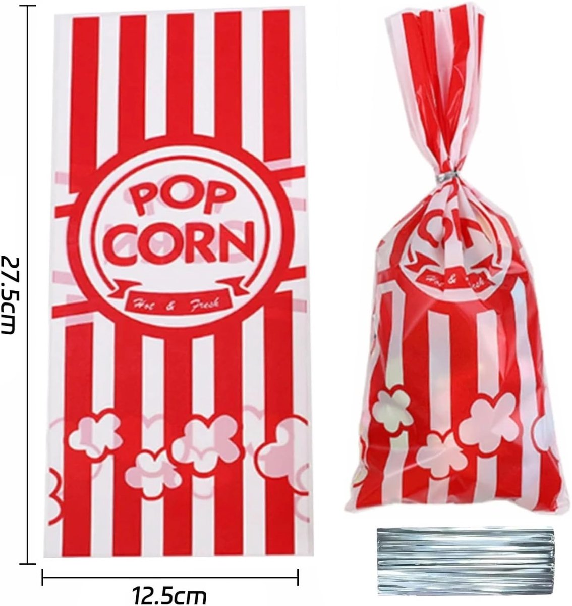SnelShoppen - 50 Stuks Handout Tassen Popcorn - Treat Bags voor Feest, Cinema Thema, Kinderen, 12.5 x 27.5 cm, Rood/Wit, Plastic