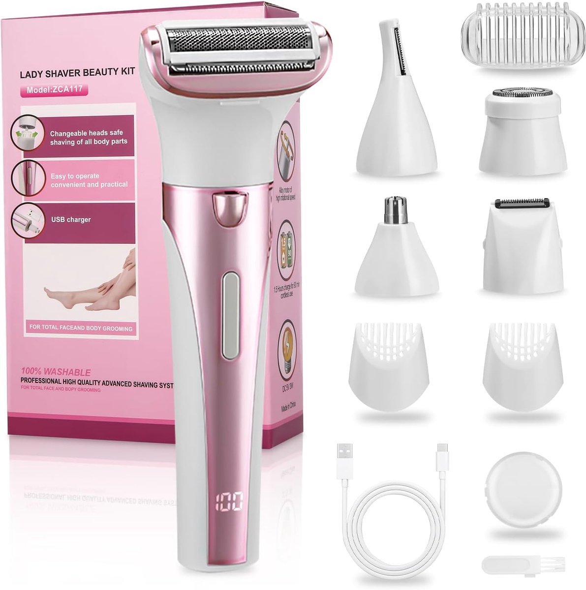 SnelShoppen - Vrouwelijke Scheerapparaat 5-in-1 - Intieme Elektrische Scheermachine met USB Oplaadstation - Roze - Voor Armpits, Benen, Gezicht, Bikin
